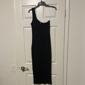 strapless open back dress Akeeva Ruched Asymmetric One-Shoulder Maxi Dress in Black main image 1